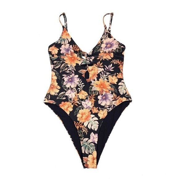 LSPACE Topanga Lace Up One-Piece Swimsuit in Forget Me Not Black Floral Print 12 - Picture 1 of 12